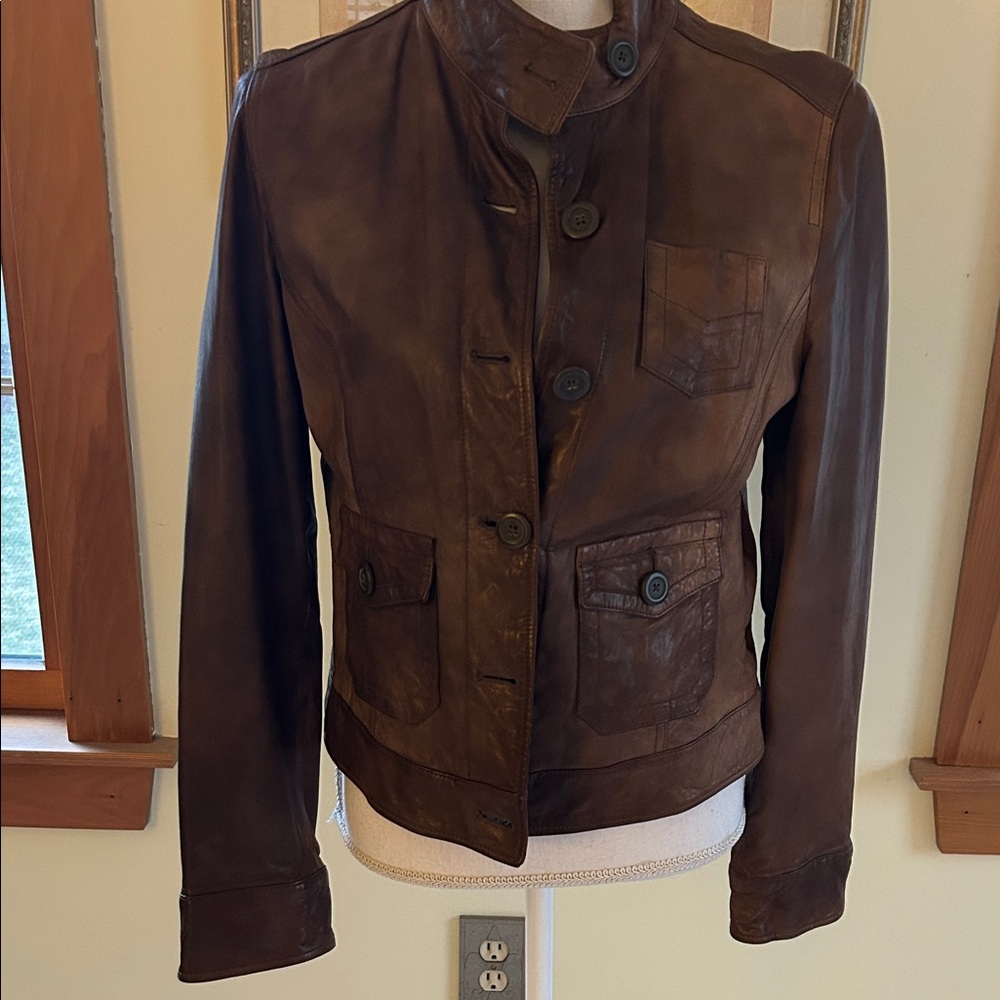 GAP Dark Brown Leather Button-Front Jacket like N… - image 2